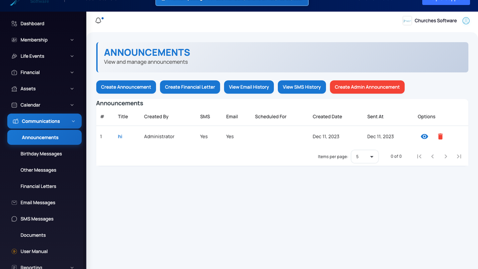 Churches Software communications and announcements