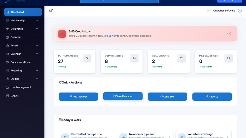 Churches Software dashboard overview